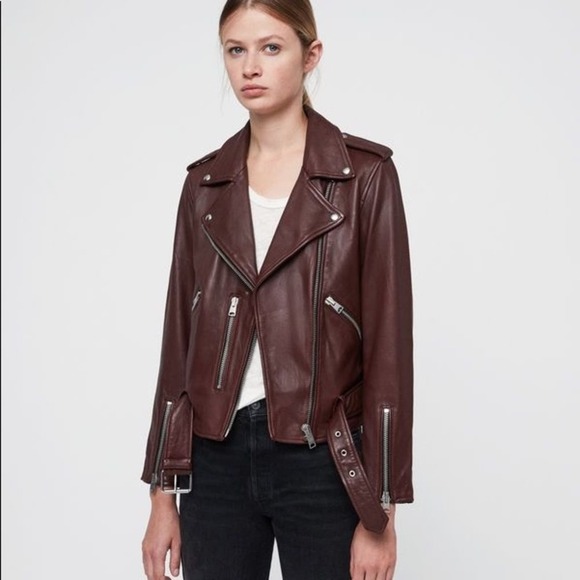 NWT All Saints Balfern Biker Leather Jacket Deep Red Size US 0 - Picture 2 of 12